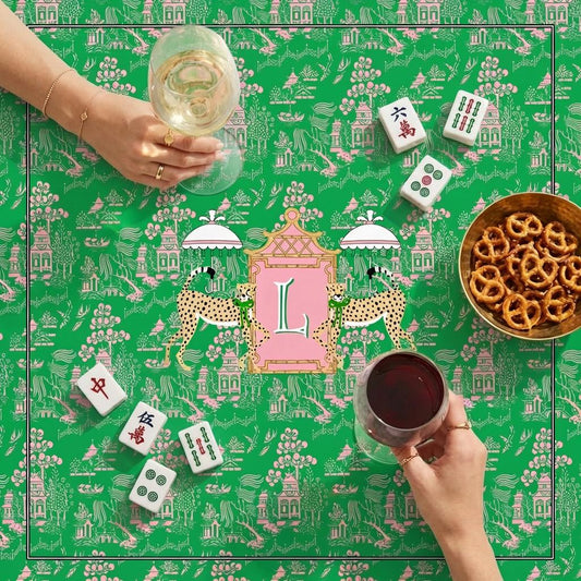 Custom Mahjong Tablecloth, Card Game Cover, Monogram, Personalized, Letter, Initial, Chinoiserie, Leopard, Cheetah, Umbrella, Pink, Green