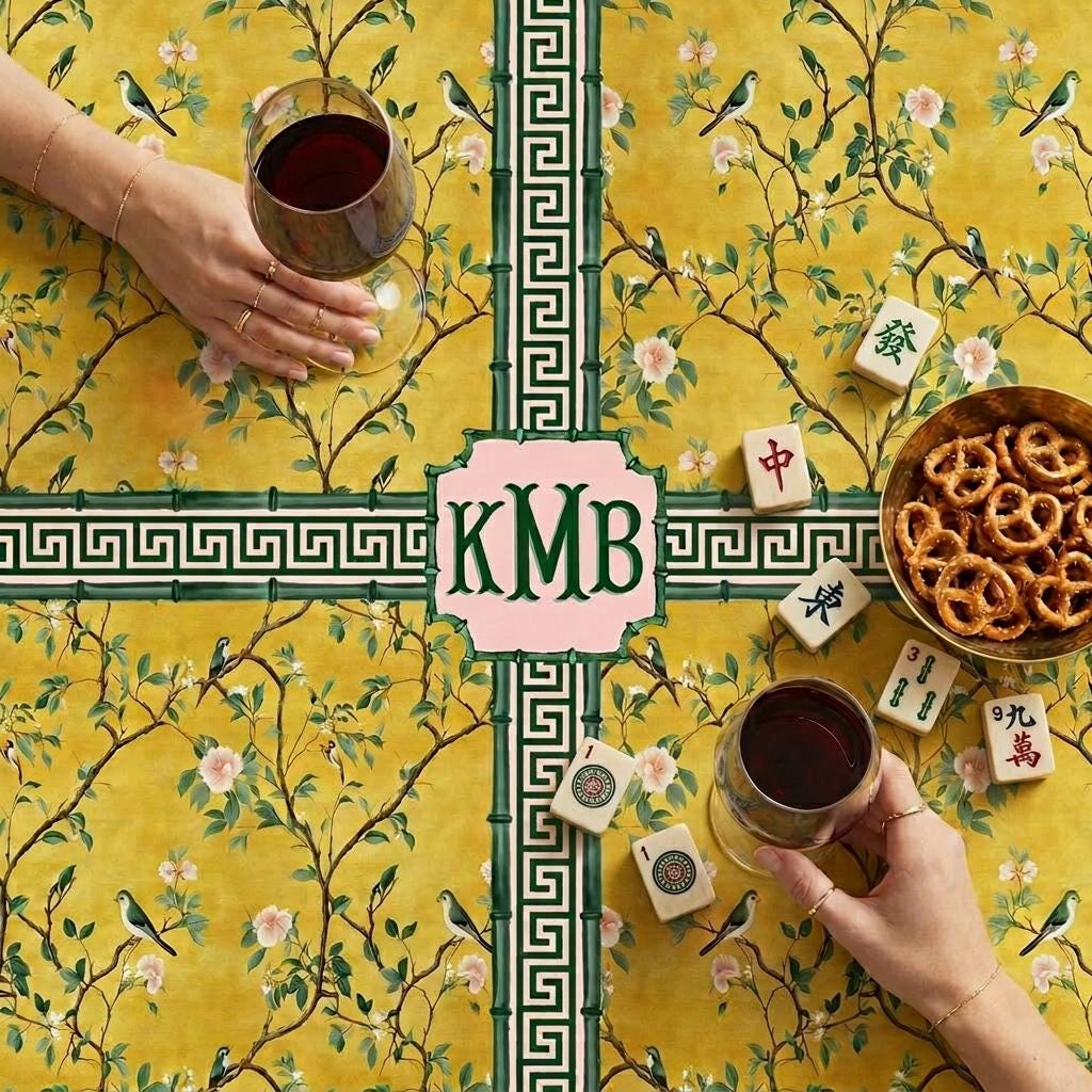 Custom Mahjong Tablecloth, Card Game Table Cover, Monogram, Personalized, Letter, Initial, Chinoiserie, Birds, Golden, Greek Key, Green Pink