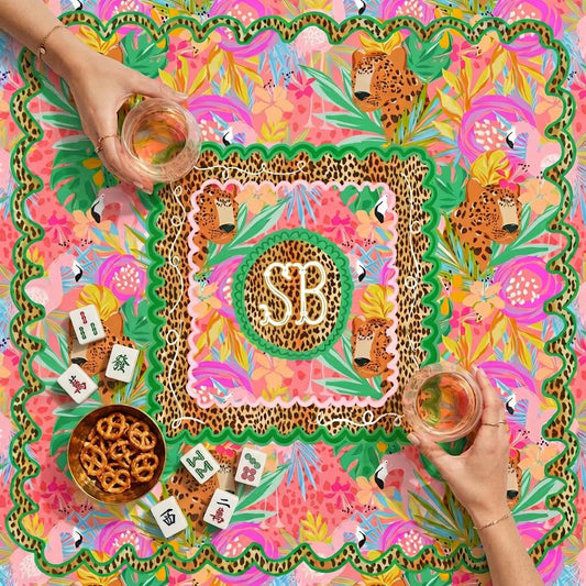 Custom Mahjong Tablecloth, Card Game Cover, Monogram, Personalized, Letter, Initial, Chinoiserie, Leopard, Cheetah, Bright Pink, Green,