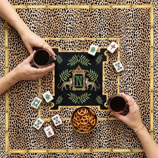 Custom Mahjong Tablecloth, Card Game Table Cover, Monogram, Personalized, Letter, Initial, Preppy, Cheetah, Leopards, Pagoda, Bamboo, Green