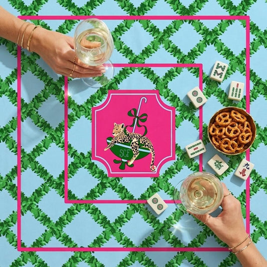 Custom Mahjong Tablecloth, Card Game Table Cover, Monogram, Personalized, Letter, Initial, Preppy, Cheetah, Leopards,Umbrella, Pink, Green