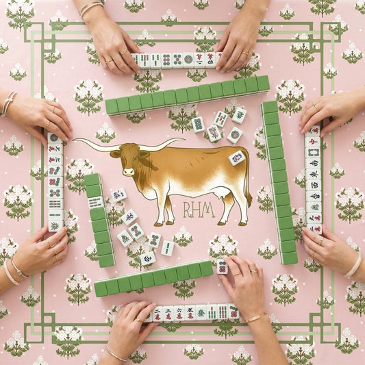 Custom Mahjong Tablecloth, Card Game Table Cover, Monogram, Personalized, Pastel Cottage Core, Longhorn Cattle Cow, Preppy, Grand Millennial
