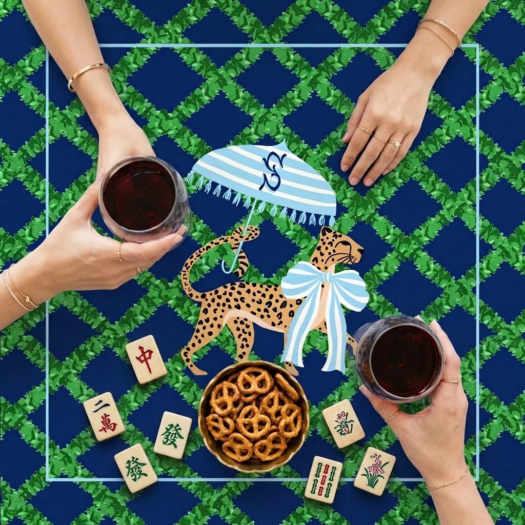 Custom Mahjong Tablecloth, Card Game Cover, Monogram, Personalized, Letter, Initial, Chinoiserie, Leopard, Cheetah, Umbrella, Blue, Green