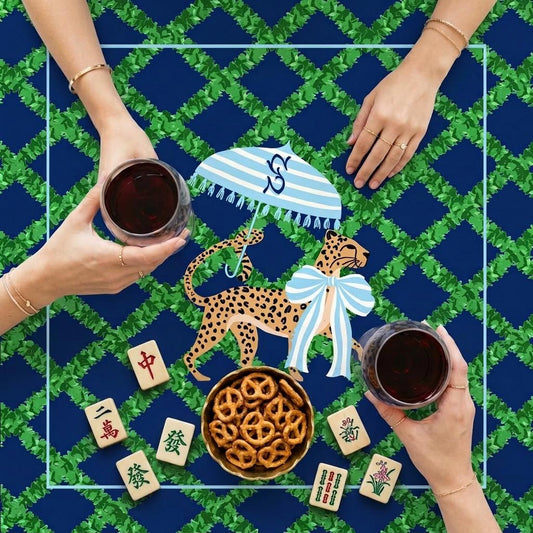 Custom Mahjong Tablecloth, Card Game Cover, Monogram, Personalized, Letter, Initial, Chinoiserie, Leopard, Cheetah, Umbrella, Blue, Green