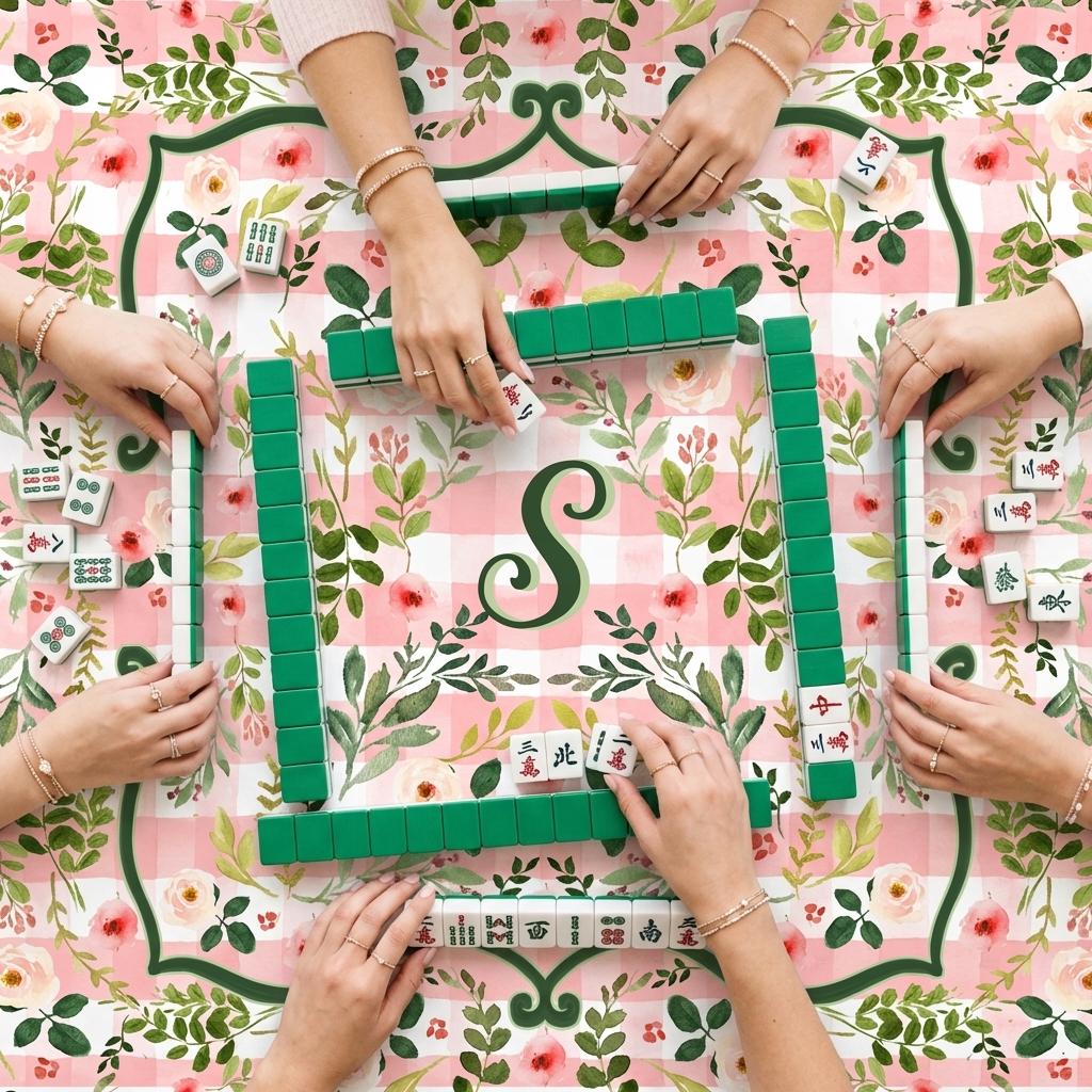 Custom Mahjong Tablecloth, Card Game Table Cover, Monogram, Personalized, Letter, Initial, Preppy, Flowers, Cottage Core, Peachy Pink, Green