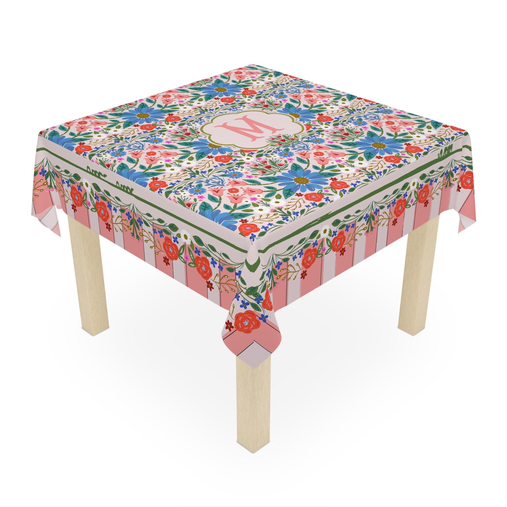 Custom Mahjong Tablecloth, Card Game Table Cover, Monogram, Personalized, Initial, Preppy, Flowers, Cottage, Blue, Red, Orange, Peach, Pink