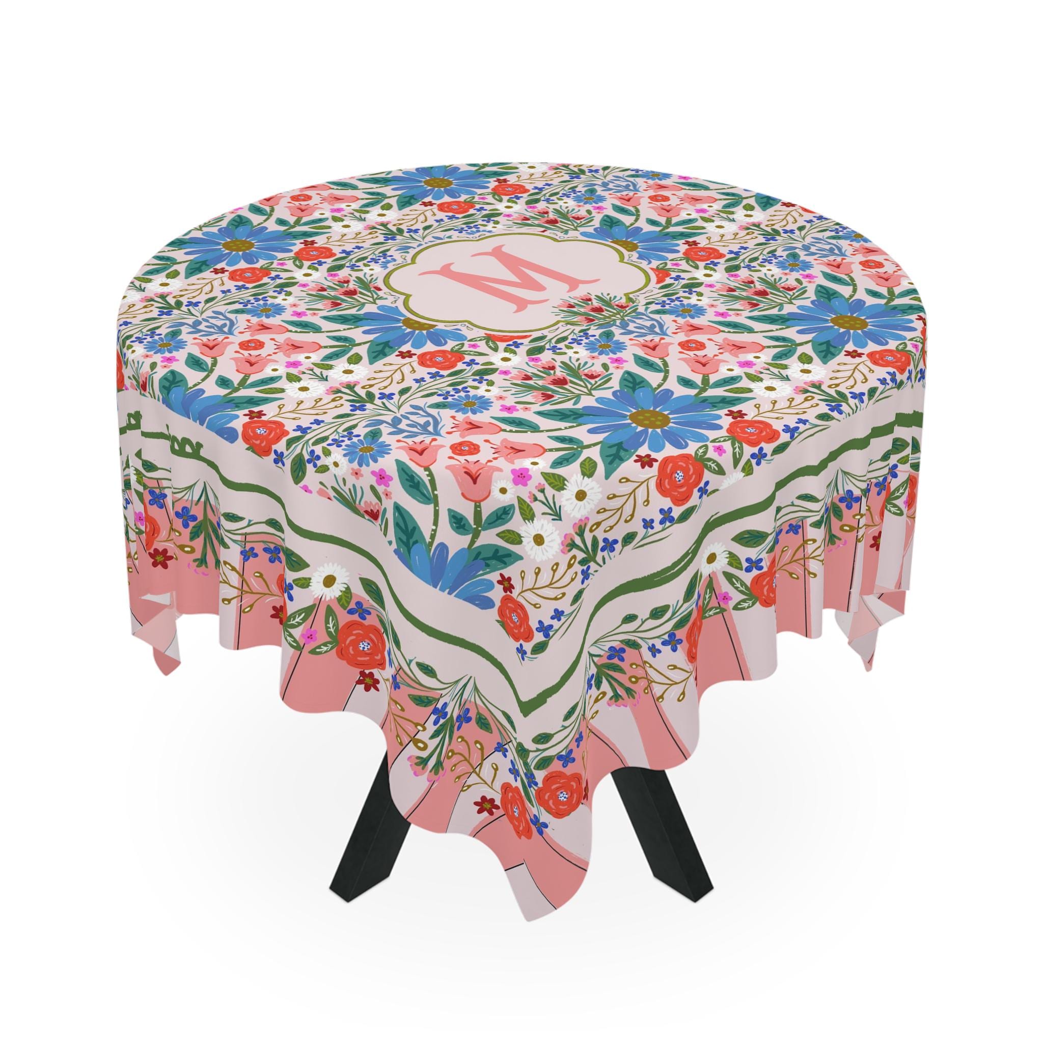Custom Mahjong Tablecloth, Card Game Table Cover, Monogram, Personalized, Initial, Preppy, Flowers, Cottage, Blue, Red, Orange, Peach, Pink