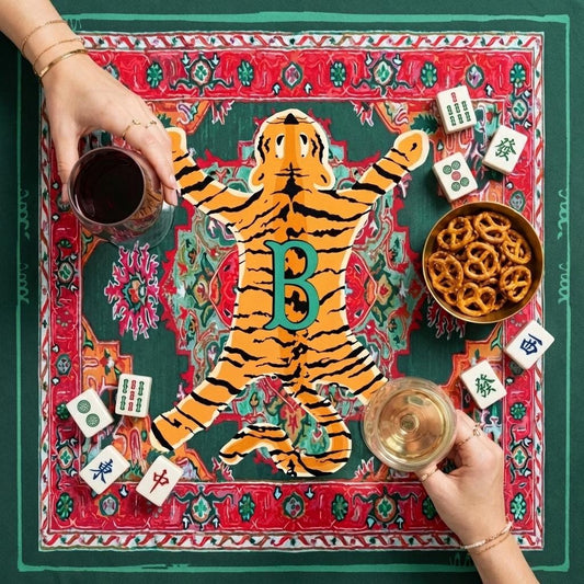 Custom Mahjong Tablecloth, Card Game Cover, Monogram, Personalized, Letter, Initial, Preppy, Tibetan Tiger, Oriental Rug Design