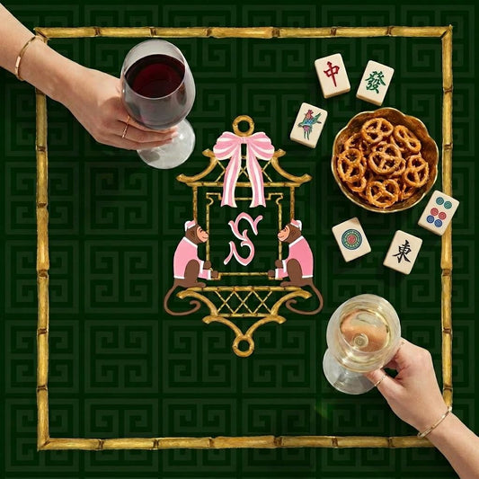 Custom Mahjong Tablecloth, Card Game Table Cover, Monogram, Personalized, Letter, Initial, Preppy, Chinoiserie, Pink Monkeys, Pagoda, Bamboo