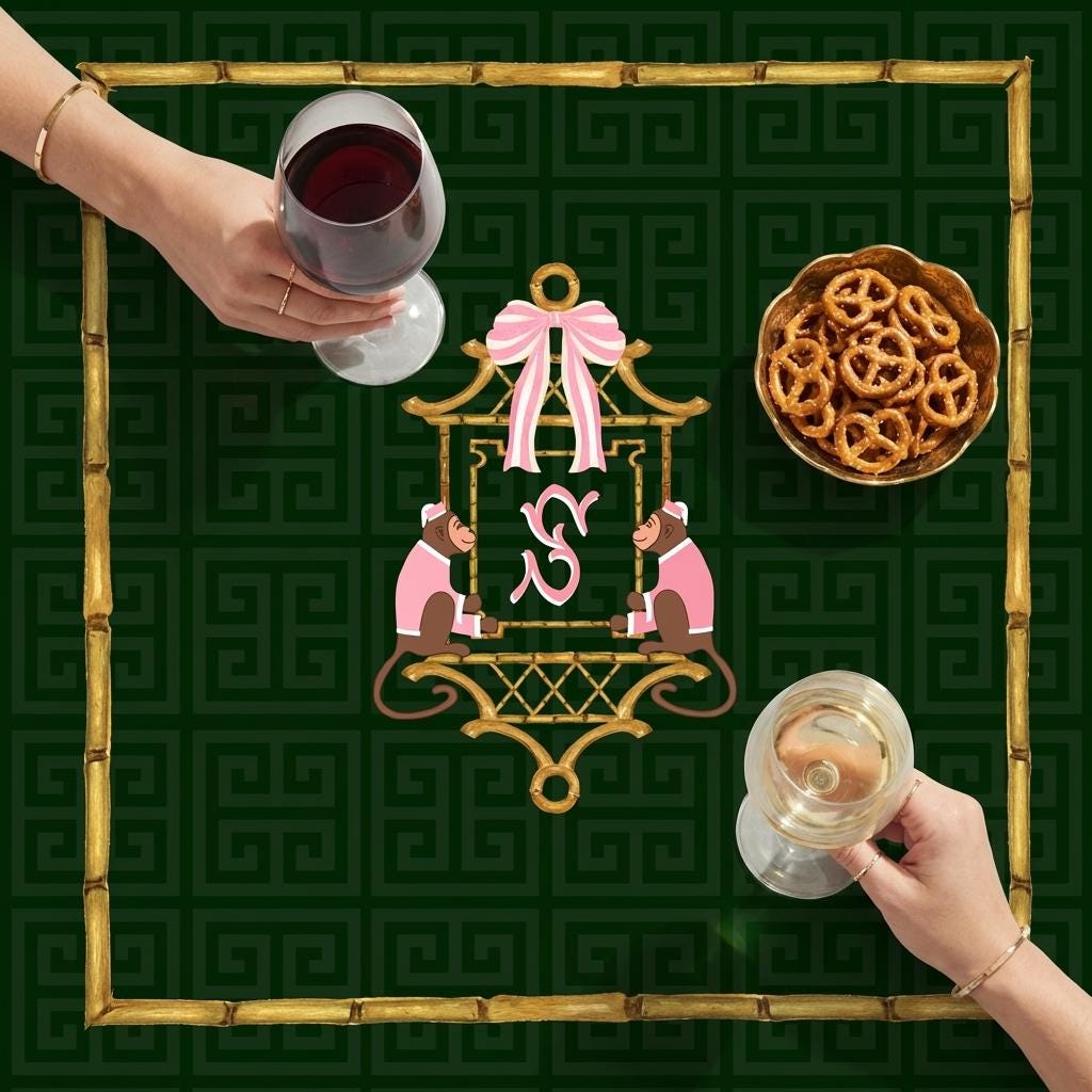 Custom Mahjong Tablecloth, Card Game Table Cover, Monogram, Personalized, Letter, Initial, Preppy, Chinoiserie, Pink Monkeys, Pagoda, Bamboo