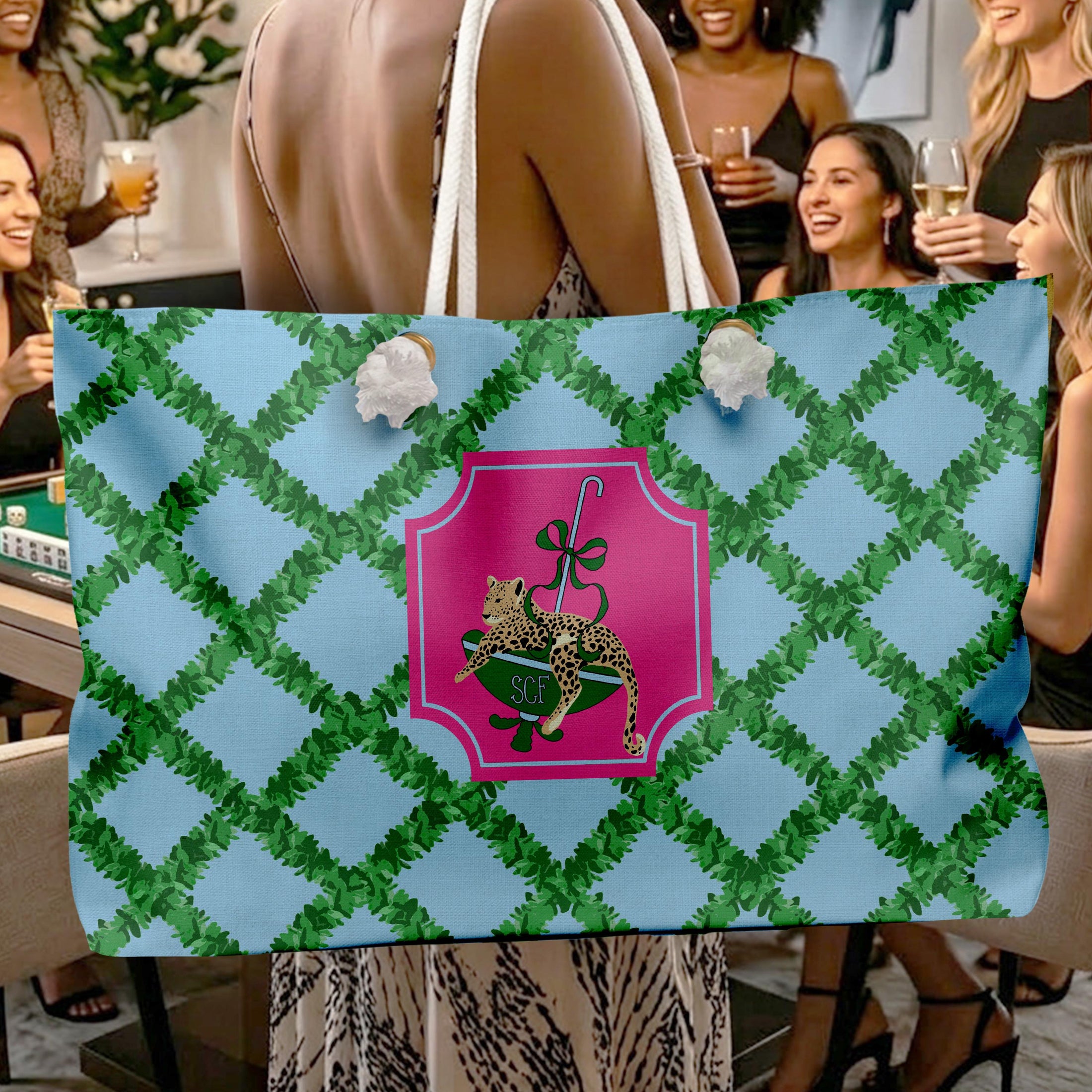 Custom Mahjong Tote Bag, Large Travel Bag, Monogram, Rope, Personalized, Letter, Initial, Dice, Leopards, Cheetah, Umbrella, Vines, Preppy