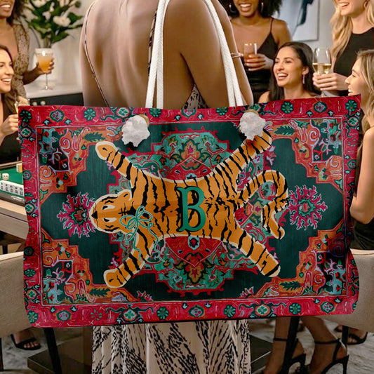 Custom Mahjong Tote Bag, Large Travel Bag, Monogram, Rope, Personalized, Letter, Initial, Preppy, Tibetan Tiger Animal, Oriental Rug Design