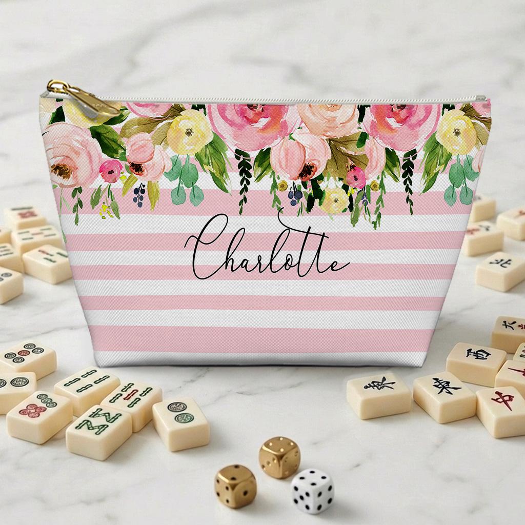 Custom Mahjong Tile Zip Bag, Card Pouch, Game Bag, Preppy, Monogram, Personalized, Letter, Initial, Light Pink Stripes, Watercolor Flowers