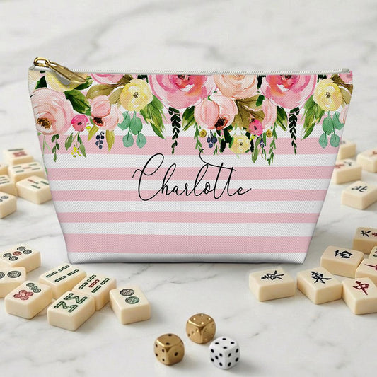 Custom Mahjong Tile Zip Bag, Card Pouch, Game Bag, Preppy, Monogram, Personalized, Letter, Initial, Light Pink Stripes, Watercolor Flowers