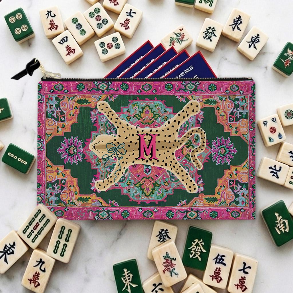 Custom Mahjong Tile Zip Bag, Card Pouch, Game Bag, Preppy, Monogram, Personalized, Letter, Initial, Leopard Cheetah Oriental Rug, Animal