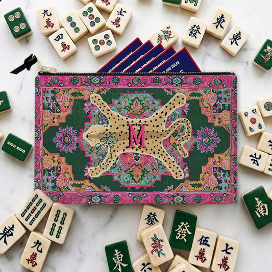 Custom Mahjong Tile Zip Bag, Card Pouch, Game Bag, Preppy, Monogram, Personalized, Letter, Initial, Leopard Cheetah Oriental Rug, Animal
