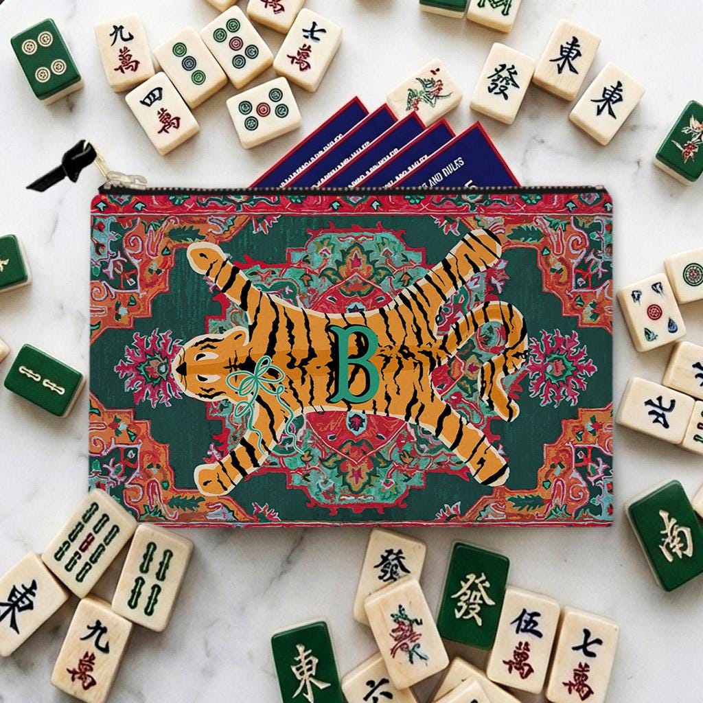 Custom Mahjong Tile Zip Bag, Card Pouch, Game Bag, Preppy, Monogram, Personalized, Letter, Initial, Tiebtan Tiger Oriental Rug, Animal