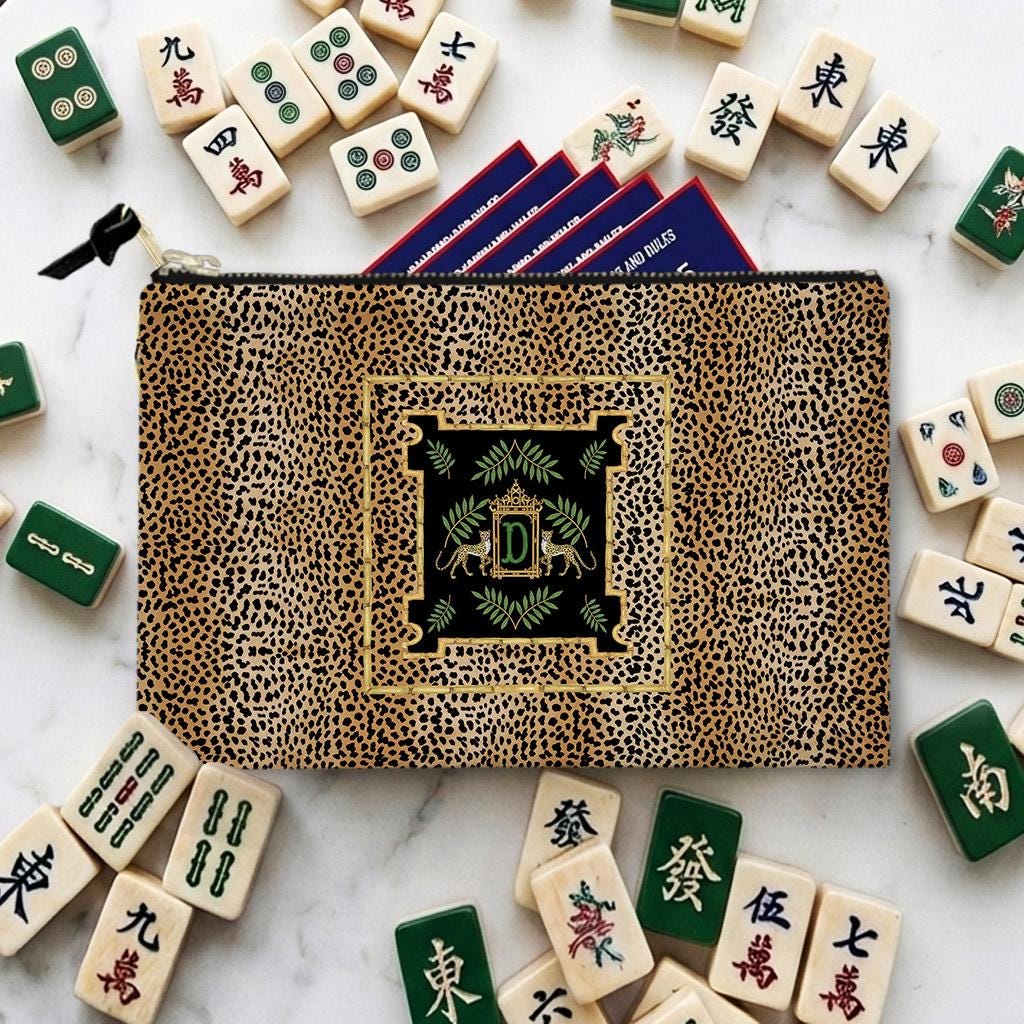 Custom Mahjong Zip Bag, Tile Pouch, Travel, Tech, Game Bag, Chinoiserie, Preppy, Large, Monogram, Personalized, Letter, Initial, Dice, Toile