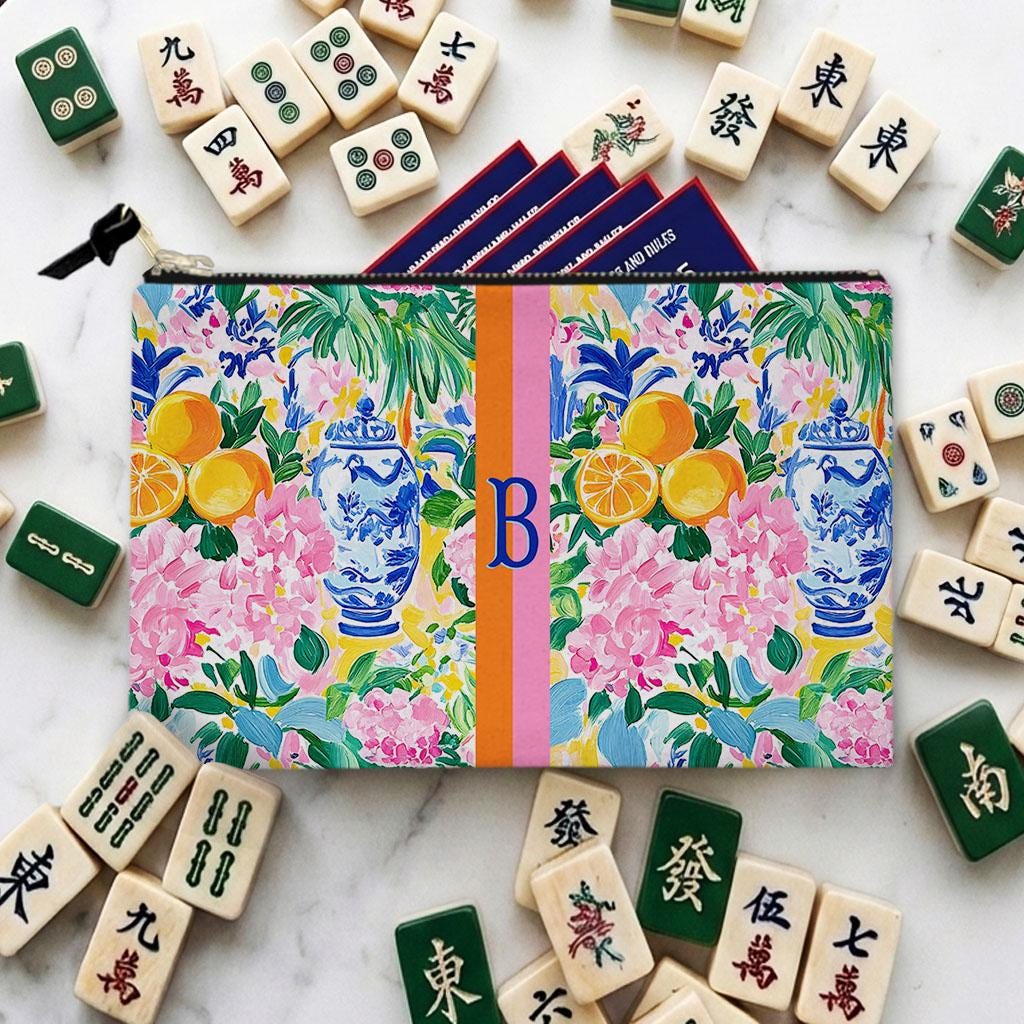 Custom Mahjong Zip Bag, Tile Pouch, Games, Large, Monogram, Personalized, Letter, Initial, Preppy, Ginger jar, Oranges, Chinoiserie