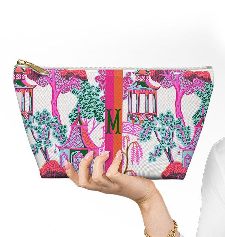 Custom Mahjong Zip Bag, Makeup Bag, Travel Pouch, Tech, Monogram, Personalized, Letter, Initial, Chinoiserie, Preppy, Pagoda, Bright Colors