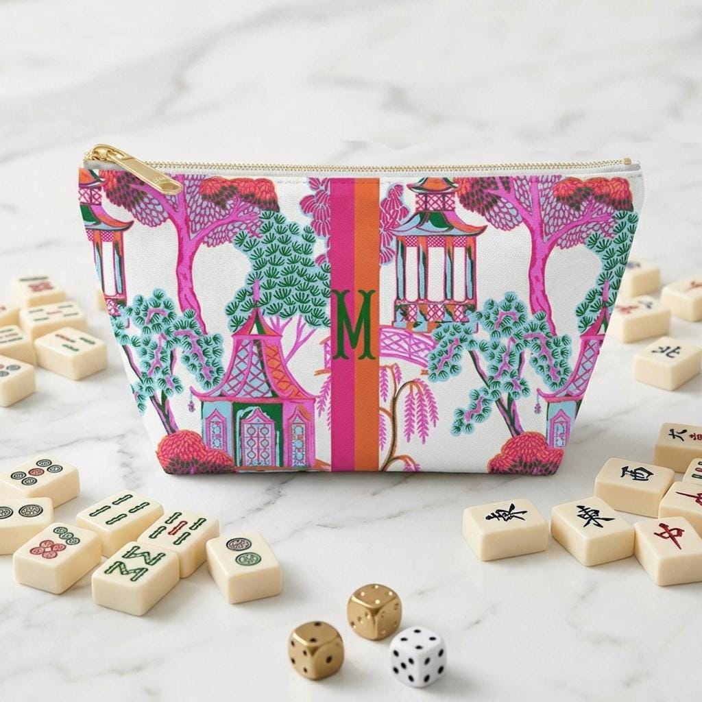 Custom Mahjong Zip Bag, Makeup Bag, Travel Pouch, Tech, Monogram, Personalized, Letter, Initial, Chinoiserie, Preppy, Pagoda, Bright Colors