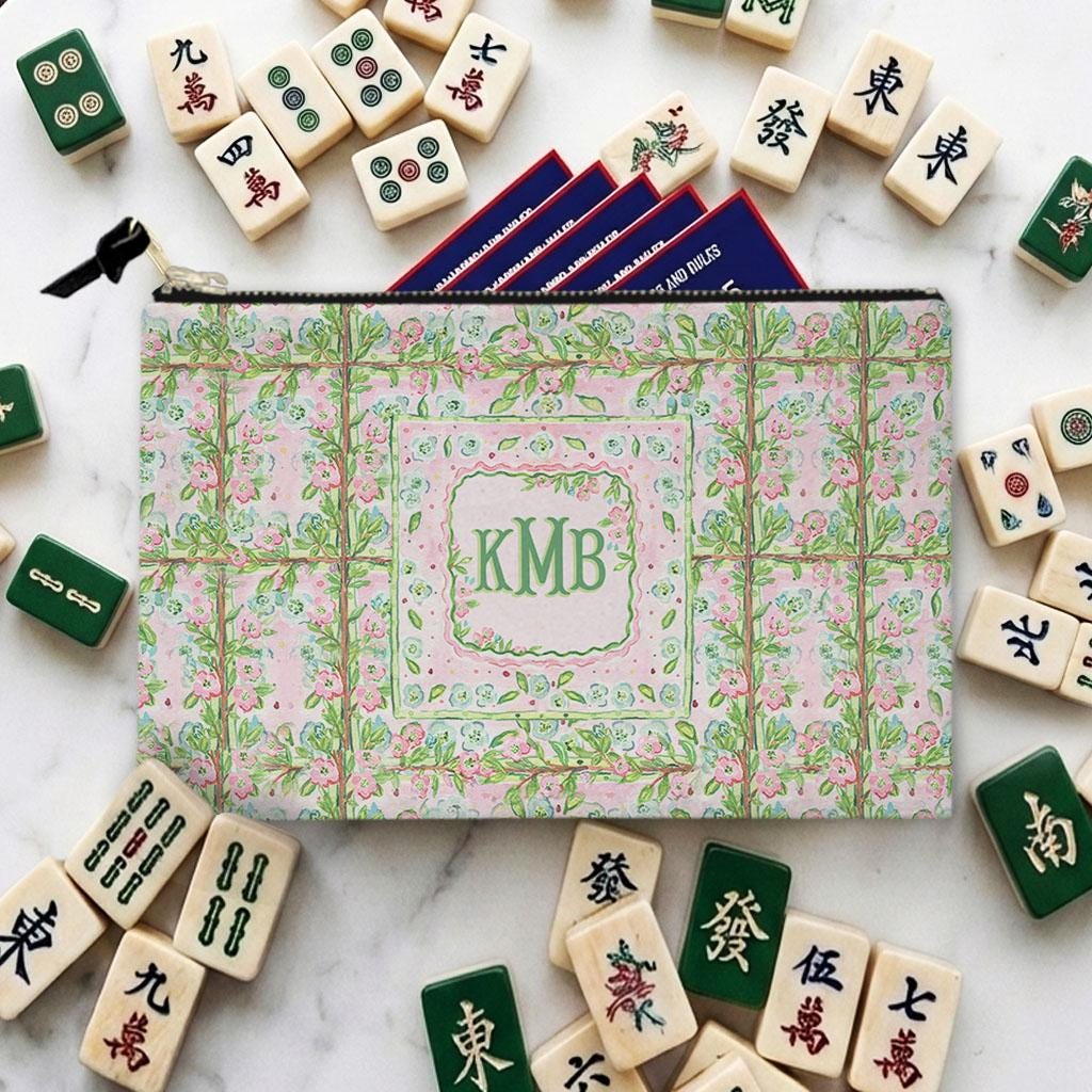 Custom Mahjong Zip Bag, Tile Pouch, Games, Large, Monogram, Personalized, Letter, Initial, Preppy, Dainty, Pastel, Whimsy Flowers and Twigs