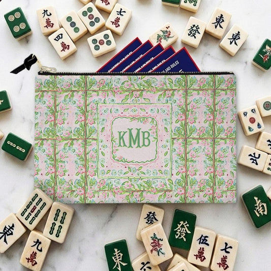 Custom Mahjong Zip Bag, Tile Pouch, Games, Large, Monogram, Personalized, Letter, Initial, Preppy, Dainty, Pastel, Whimsy Flowers and Twigs