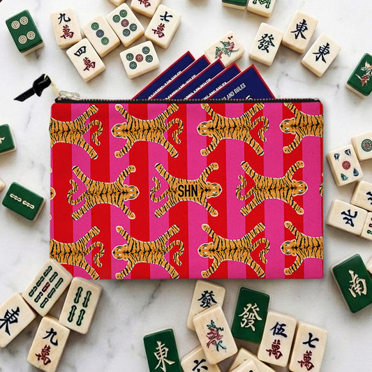 Custom Mahjong Zip Bag, Tile Pouch, Games, Large, Monogram, Personalized, Letter, Initial, Chinoiserie, Preppy, Tibetian Tigers, Stripes