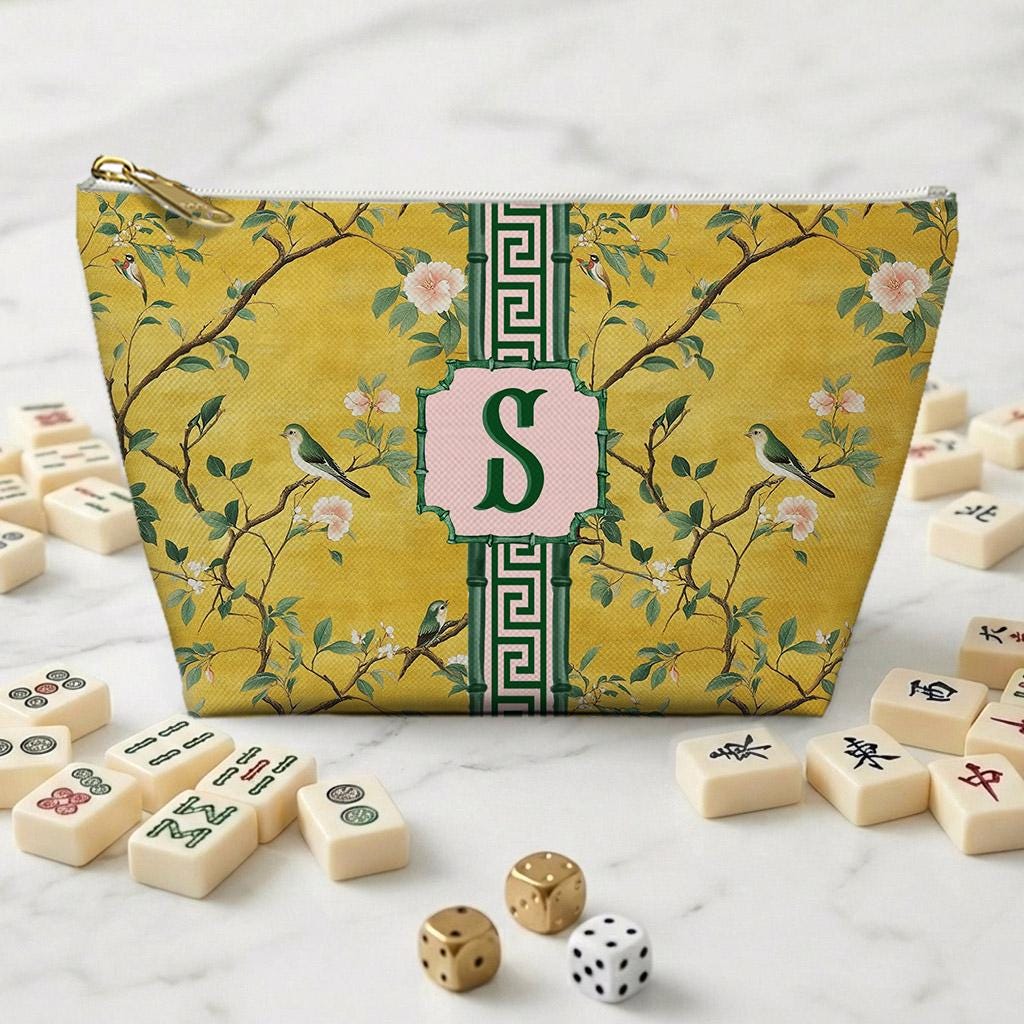 Custom Zip Mahjong Card Bag, Monogram, Personalized, Letter, Initial, Travel Pouch, Tech, Chinoiserie, Preppy, Golden Vintage Birds
