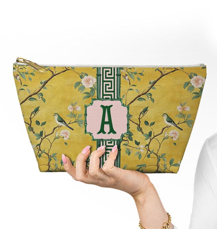 Custom Zip Mahjong Card Bag, Monogram, Personalized, Letter, Initial, Travel Pouch, Tech, Chinoiserie, Preppy, Golden Vintage Birds