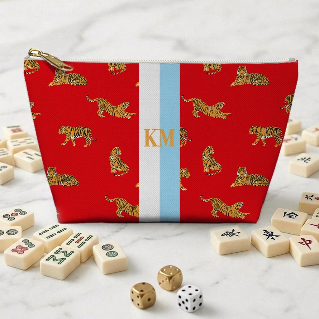 Custom Mahjong Tile Zip Bag, Card Pouch, Game Bag, Preppy, Monogram, Personalized, Letter, Initial, Preppy Tiger, Stripe, Red, Pink, Green