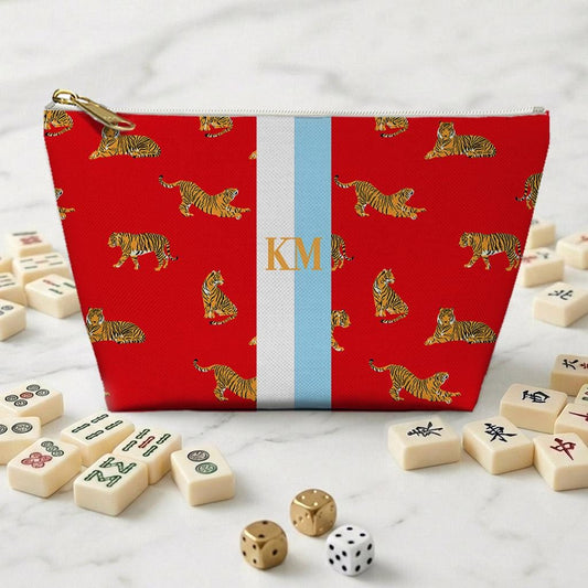 Custom Mahjong Tile Zip Bag, Card Pouch, Game Bag, Preppy, Monogram, Personalized, Letter, Initial, Preppy Tiger, Stripe, Red, Pink, Green