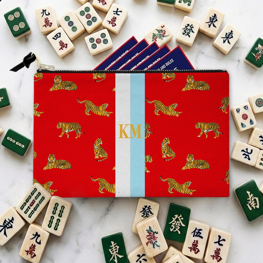 Custom Mahjong Tile Zip Bag, Card Pouch, Game Bag, Preppy, Monogram, Personalized, Letter, Initial, Preppy Tiger, Stripe, Red, Pink, Green