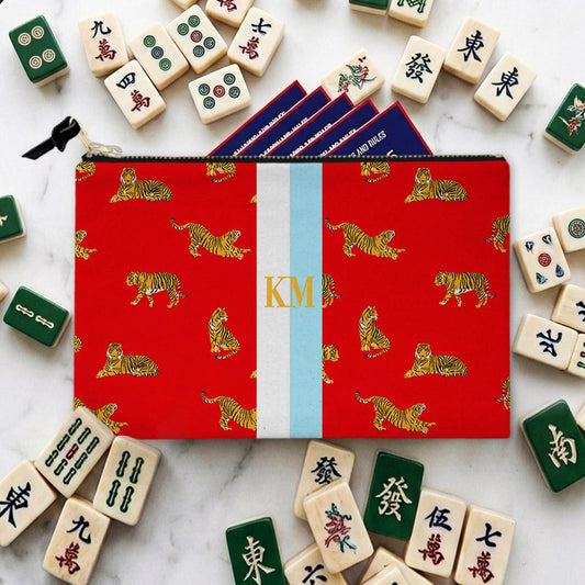Custom Mahjong Tile Zip Bag, Card Pouch, Game Bag, Preppy, Monogram, Personalized, Letter, Initial, Preppy Tiger, Stripe, Red, Pink, Green