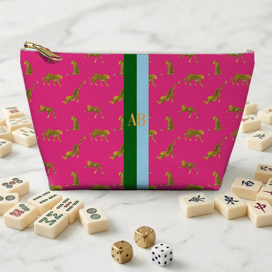 Custom Mahjong Tile Zip Bag, Card Pouch, Game Bag, Preppy, Monogram, Personalized, Letter, Initial, Preppy Leopard Cheetah, Stripe