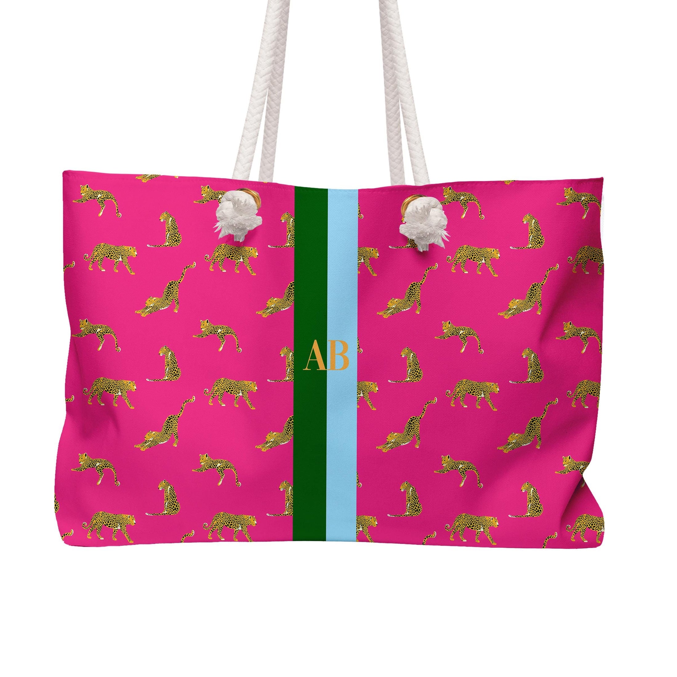 Custom Mahjong Tote Bag, Large Travel Bag, Monogram, Rope, Personalized, Letter, Initial, Preppy Leopard Cheetah, Stripes, Green, Blue, Pink