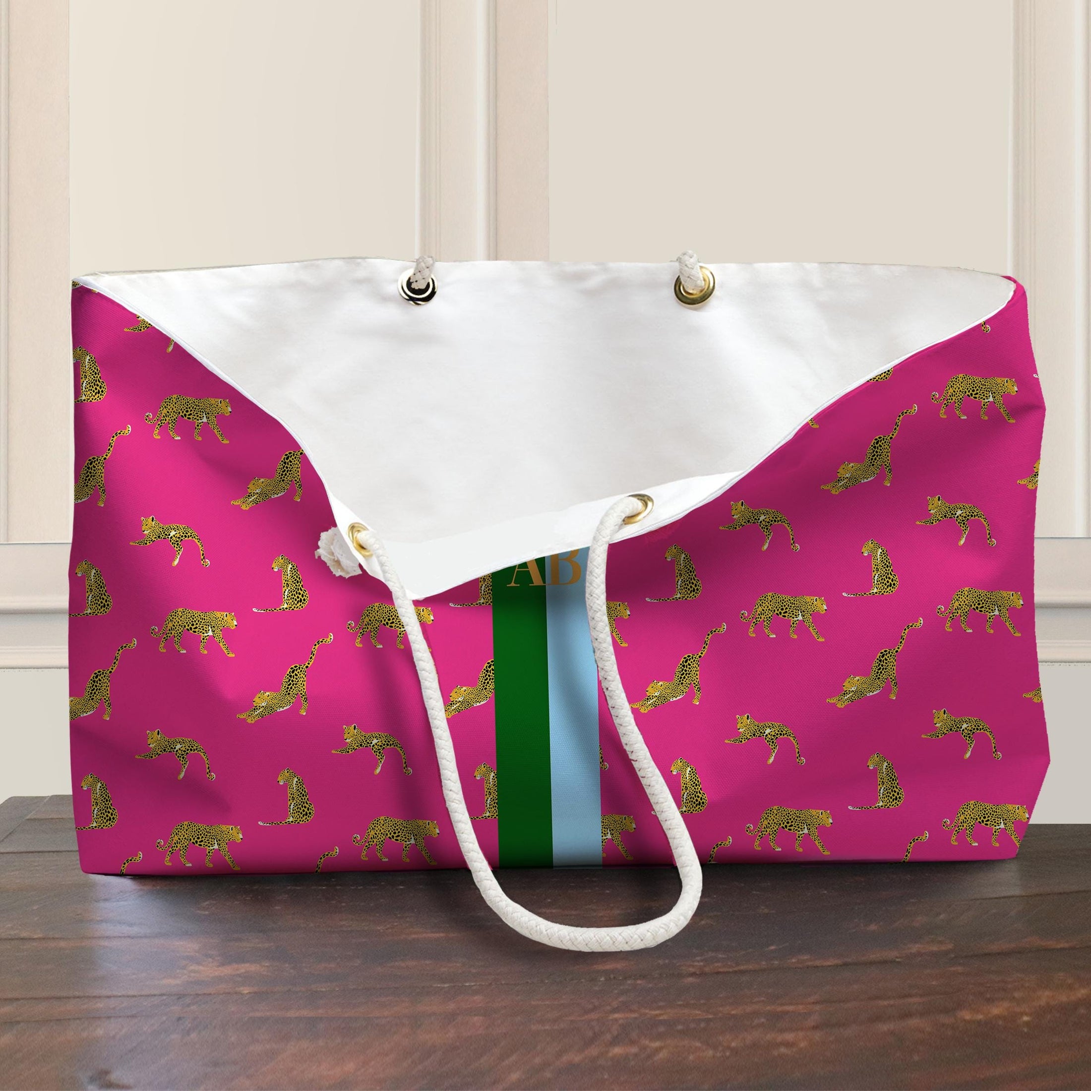Custom Mahjong Tote Bag, Large Travel Bag, Monogram, Rope, Personalized, Letter, Initial, Preppy Leopard Cheetah, Stripes, Green, Blue, Pink