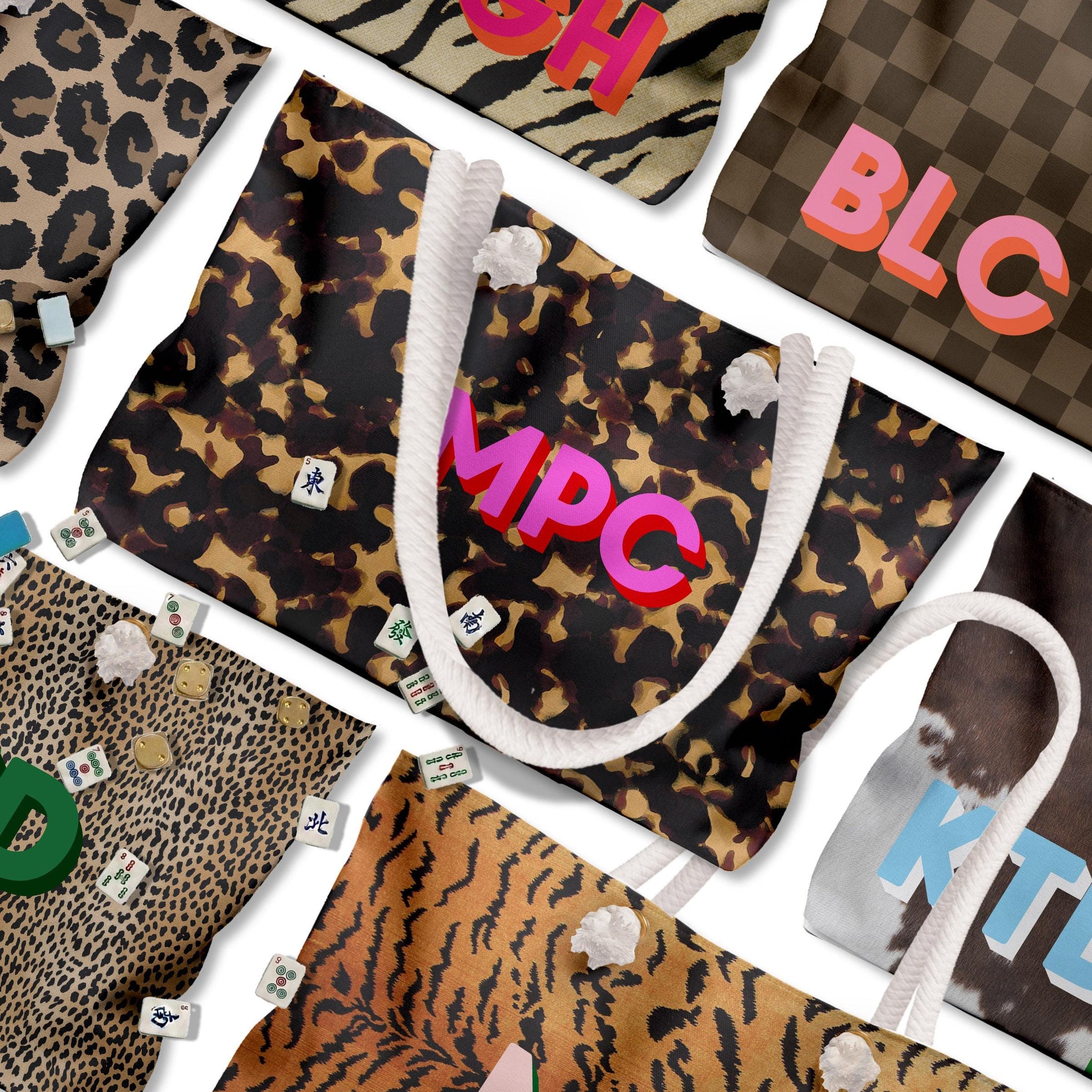 Custom Mahjong Tote Bag, Large Travel Bag, Monogram, Rope, Personalized, Letter, Initial, Totroise, Leopard Cheetah, Zebra, Tiger