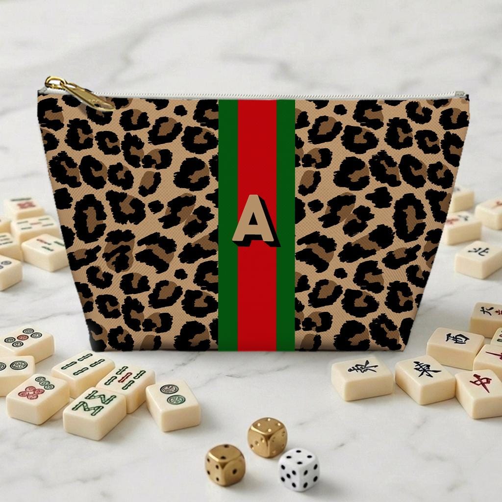 Custom Mahjong Zip Bag, Tile Pouch, Game Bag, Preppy, Large, Monogram, Personalized, Letter, Initial, Tortoise, Leopard