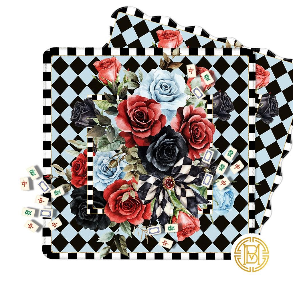 Mahjong Mat, Preppy, Floral, Watercolor Flowers, Blue, Black, Red, Roses, Diamonds, Black White Bow