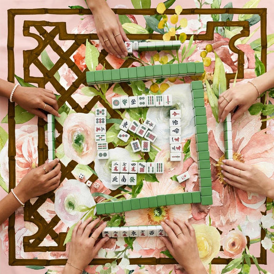 Mahjong Mat, Preppy, Floral, Watercolor Flowers, Cottage Core, Peach, White, Yellow, Green, Bamboo Preppy Art
