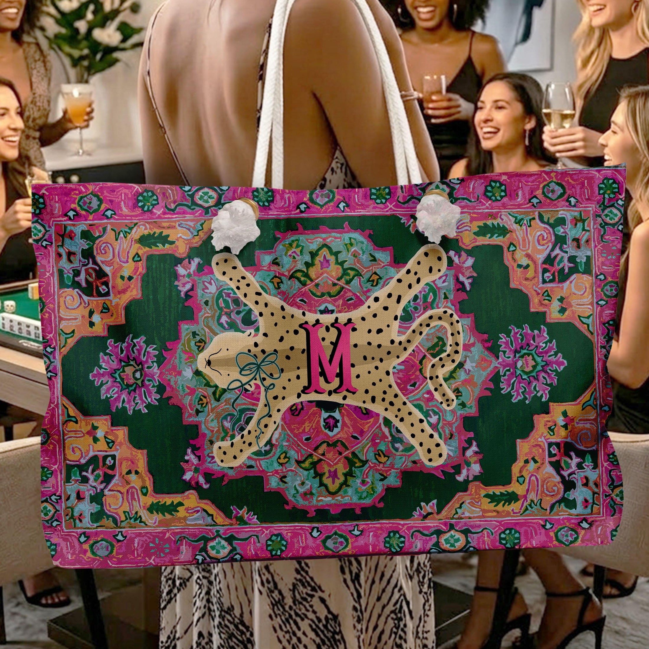 Custom Mahjong Tote Bag, Large Travel Bag, Monogram, Rope, Personalized, Letter, Initial, Leopard Cheetah Hide Animal, Oriental Rug Design