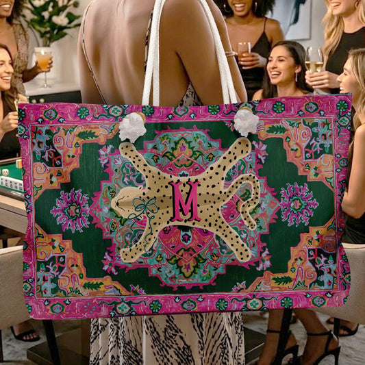 Custom Mahjong Tote Bag, Large Travel Bag, Monogram, Rope, Personalized, Letter, Initial, Leopard Cheetah Hide Animal, Oriental Rug Design