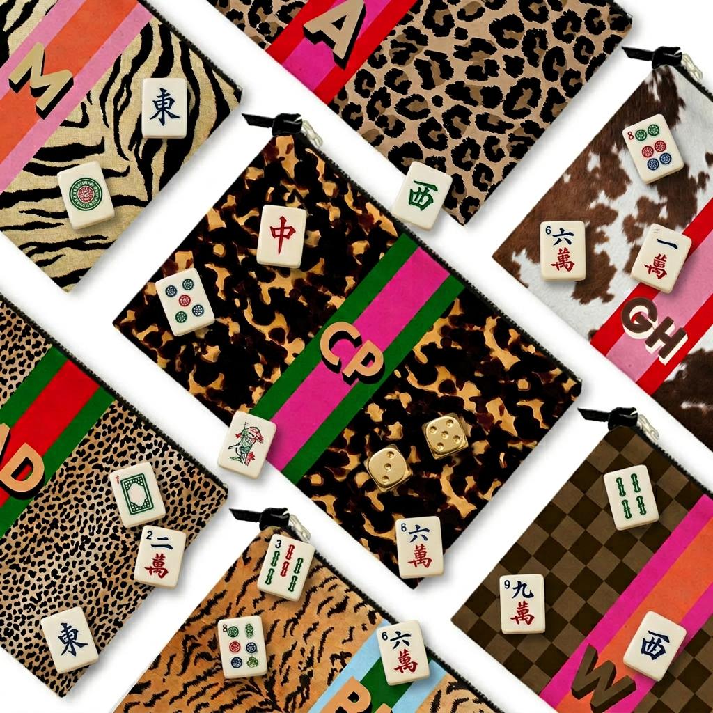 Custom Mahjong Zip Bag, Tile Pouch, Game Bag, Preppy, Large, Monogram, Personalized, Letter, Initial, Tortoise, Leopard