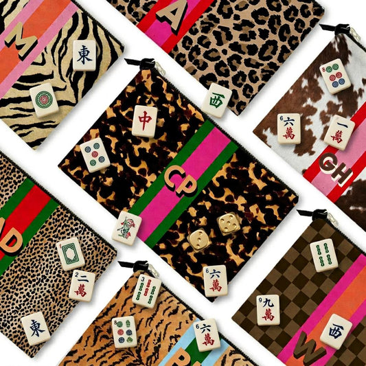 Custom Mahjong Zip Bag, Tile Pouch, Game Bag, Preppy, Large, Monogram, Personalized, Letter, Initial, Tortoise, Leopard