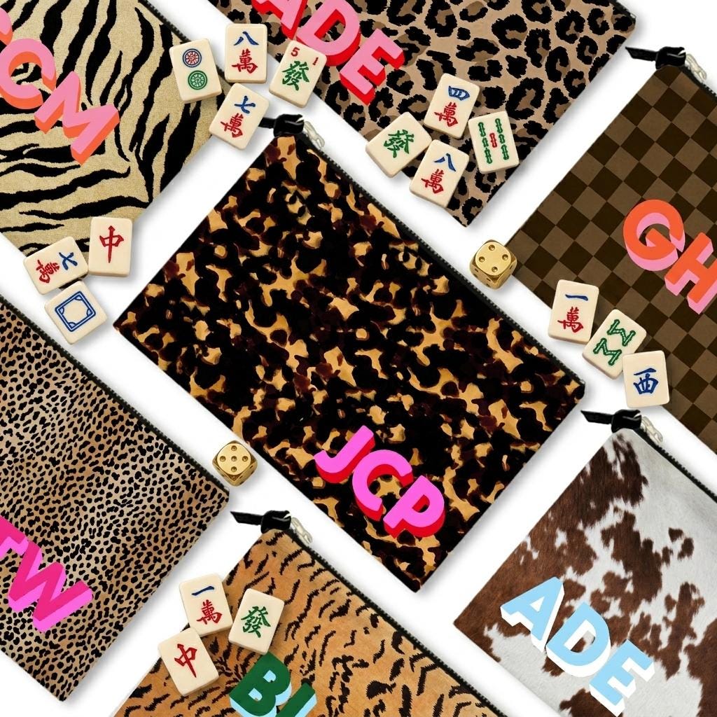 Custom Mahjong Zip Bag, Tile Pouch, Game Bag, Preppy, Large, Monogram, Personalized, Letter, Initial, Tortoise, Leopard