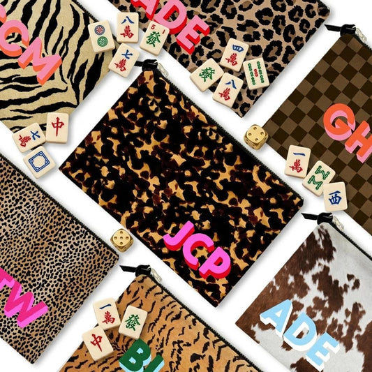 Custom Mahjong Zip Bag, Tile Pouch, Game Bag, Preppy, Large, Monogram, Personalized, Letter, Initial, Tortoise, Leopard