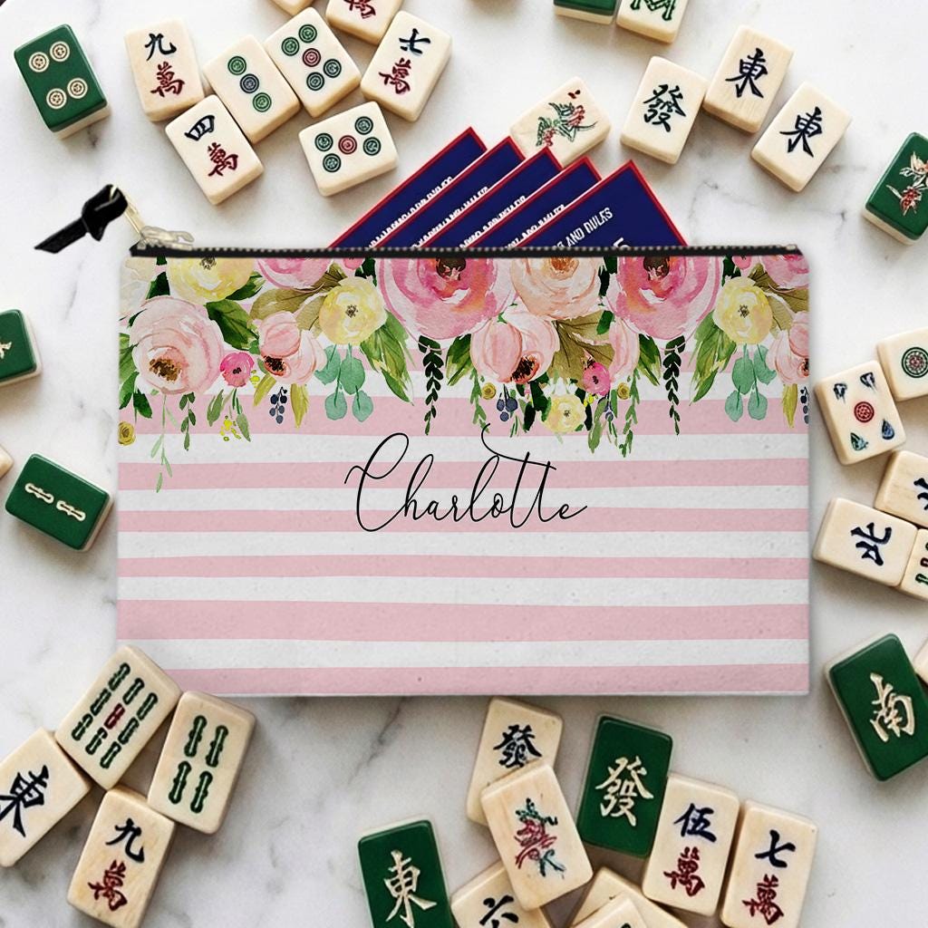 Custom Mahjong Tile Zip Bag, Card Pouch, Game Bag, Preppy, Monogram, Personalized, Letter, Initial, Light Pink Stripes, Watercolor Flowers
