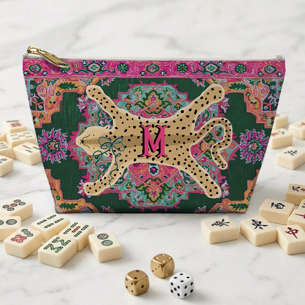 Custom Mahjong Tile Zip Bag, Card Pouch, Game Bag, Preppy, Monogram, Personalized, Letter, Initial, Leopard Cheetah Oriental Rug, Animal