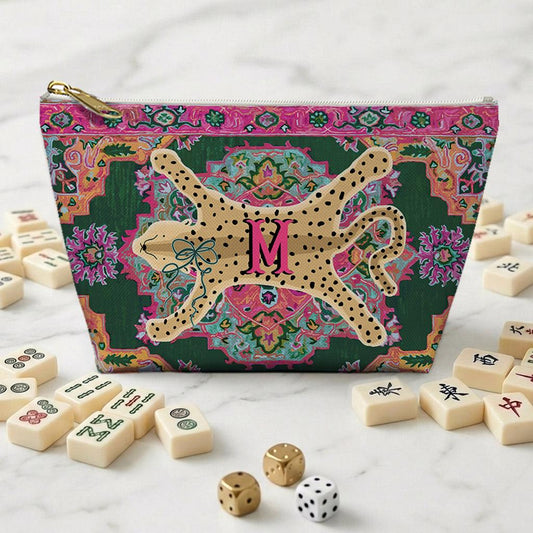 Custom Mahjong Tile Zip Bag, Card Pouch, Game Bag, Preppy, Monogram, Personalized, Letter, Initial, Leopard Cheetah Oriental Rug, Animal